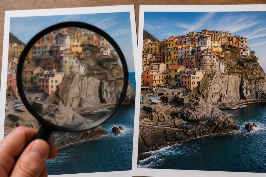 Two printed photos of a cliffside village with colorful houses; a magnifying glass enlarges the left image.