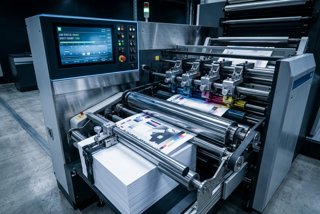 Industrial printing press with stainless steel rollers feeding color-printed sheets; control panel displays job status.