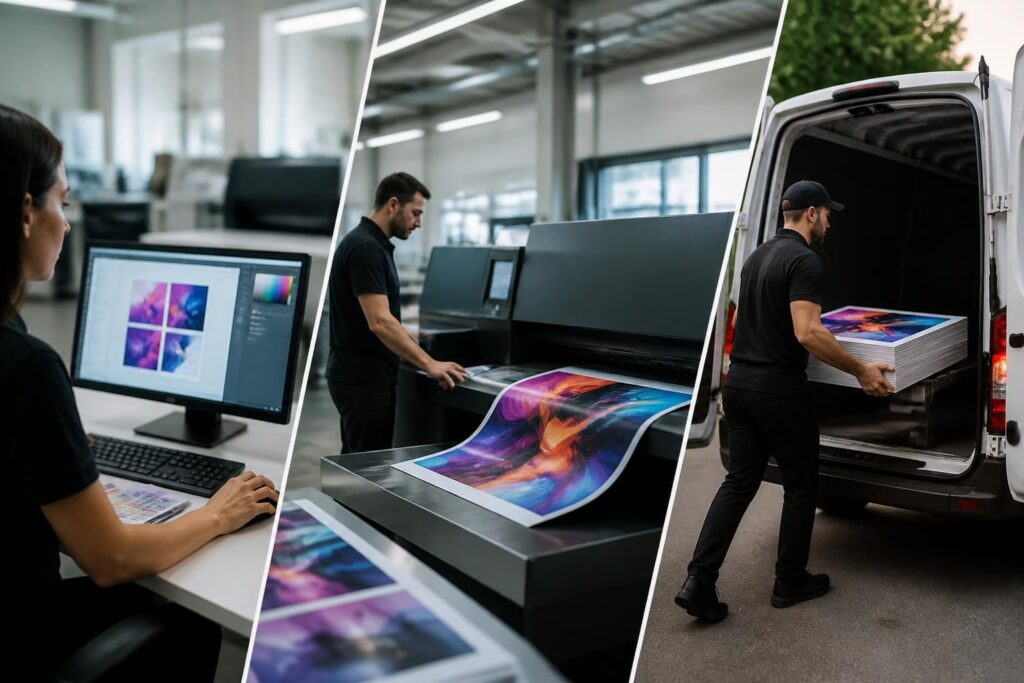 Triptych of a print shop: designer at computer, large-format printer producing vibrant artwork, and a worker loading prints into a van
